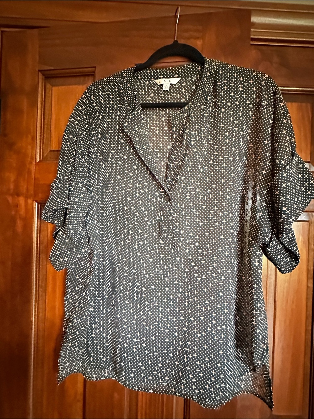 CAbi Black and White Star Dot V-Neck Blouse